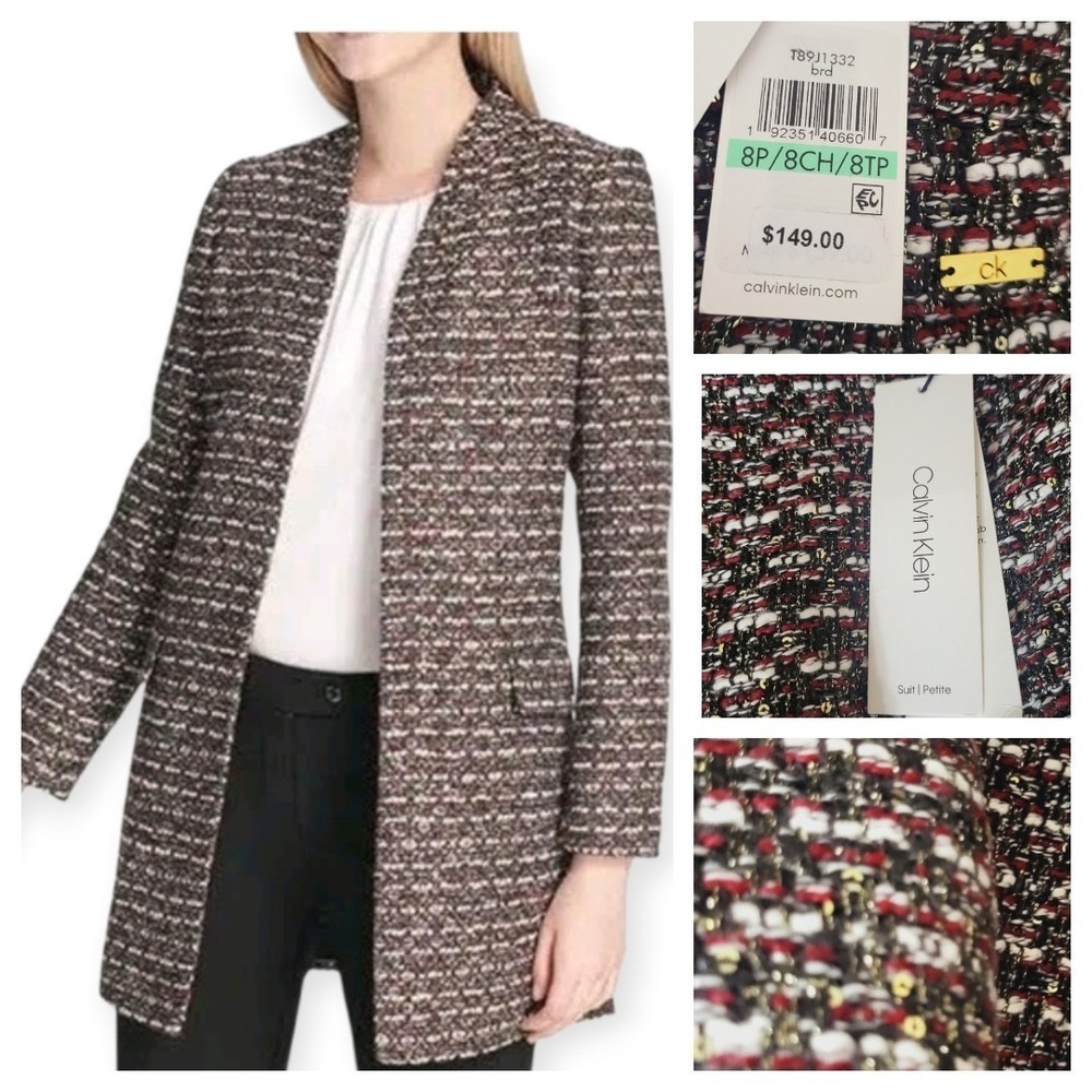 Calvin Klein 8 Petite NWT Sequin Tweed Evening Jacket Mid Length Bordeaux Silver